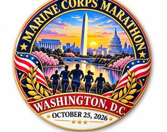 May include: A circular 3.5 inch magnet featuring the text Marine Corps Marathon Washington, D.C. October 25, 2026. The design shows runners in silhouette against a sunrise over the Washington Monument and Capitol building, framed by American flags.