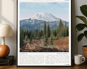 May include: A framed print featuring Mount Rainier, a snow-capped mountain, with a forest in the foreground. The print includes the text "RAINIER" at the top and descriptive text at the bottom, including the elevation in meters and feet.