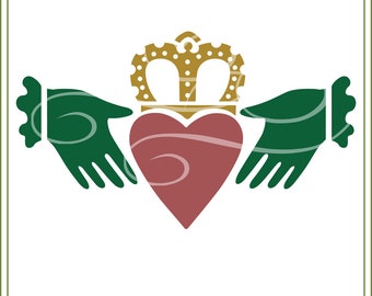 May include: A Claddagh ring design with a heart, two hands, and a crown. The heart is red, the hands are green, and the crown is gold.