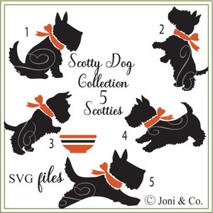 Scottie SVG, Scottie Dog-collectie, SVG-bestanden, vijf Scottie Dogs in kleur en zwart/wit, afdrukbaar, opstrijkbaar svg, glazen blokken, puppy svg