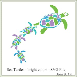 Tortugas marinas SVG, Tortuga marina de colores brillantes SVG Playa SVG Señales de playa, Bloques de vidrio, Transferencia de planchado, SVG, Tortuga SVG, Tortugas bebés SVG