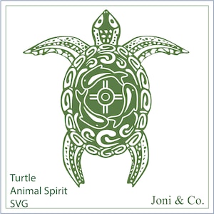 May include: Green line art illustration of a turtle with a stylized design on its shell. The turtle is facing forward with its head up. The text "Turtle Animal Spirit SVG" is below the turtle and the text "Joni & Co." is below the text.