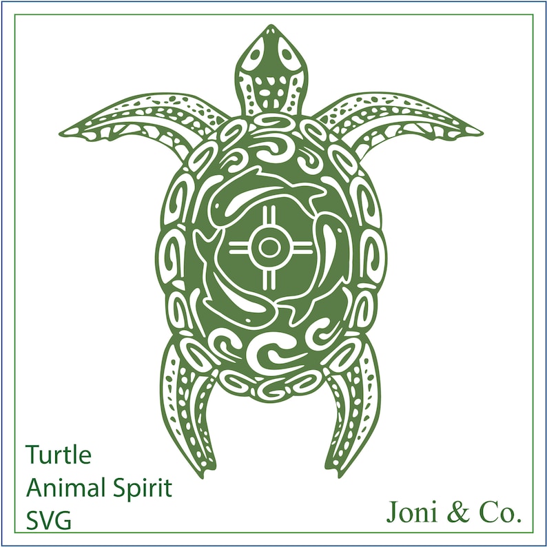 May include: Green line art illustration of a turtle with a stylized design on its shell. The turtle is facing forward with its head up. The text "Turtle Animal Spirit SVG" is below the turtle and the text "Joni & Co." is below the text.