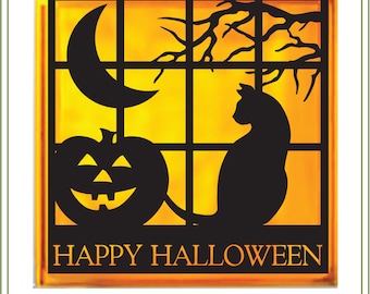 Halloween SVG File, cat in window,  Halloween illustration svg download file use for vinyl cutting, Halloween cards, iron on transfer,  SVG