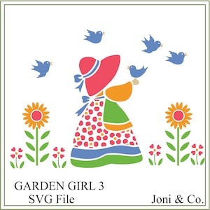 Sunbonnet Suel 3, svg, jardinagem, Sunbonnet, jardim de flores, para impressão, passar a ferro, Cricuit svg, novo, cartões comemorativos, pássaros, flores, pássaro azul