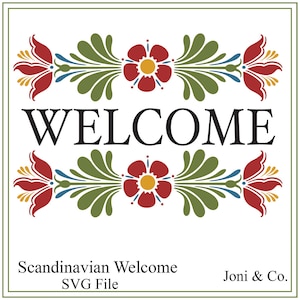 Scandinavo benvenuto in formato SVG, Rosemaling, arte popolare svedese in formato SVG, taglio in vinile, Segno in formato SVG, carte, ferro sul trasferimento, arte popolare, segno di casa in formato SVG