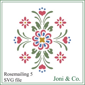File SVG scandinavo, Rosemaling 5 fiori, arte popolare svedese svg, taglio vinile, album, biglietti, trasferimento a caldo, arte popolare, artigianato