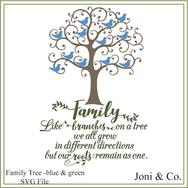 Family tree svg. Like branches of a tree svg, printable, blue birds family tree, 2 files one color and one black, vinyl cutting, cards, svg