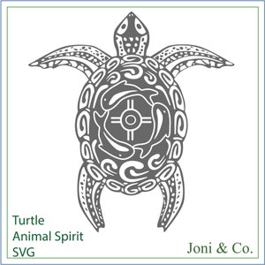 May include: A gray stylized illustration of a turtle with a circular design on its shell. The design includes a cross with a circle in the center and four stylized fish surrounding it. The text "Turtle Animal Spirit SVG" and "Joni & Co." are below the image.