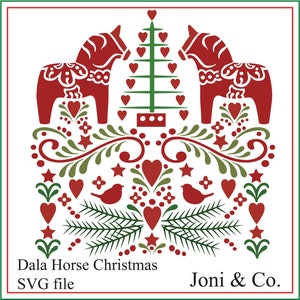 Dala Horse Christmas SVG, cheval de Dala scandinave, nordique, suédois, imprimable, vacances, art folklorique, fichier de découpe, format SVG, Noël
