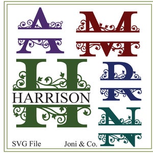 May include: A set of nine monogram letters with a vine design. The letters are A, M, F, L, D, R, and N. The letters are in various colors, including purple, red, green, blue, and dark green. The letters are arranged in a grid pattern. The text "HARRISON" is below the letter L. The text "SVG File" is in the bottom left corner and "Joni & Co." is in the bottom right corner.