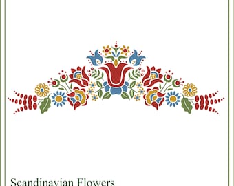 May include: A Scandinavian floral design with red, blue, yellow, and green flowers. The design is in the shape of an arch and is perfect for use in crafts and home decor.