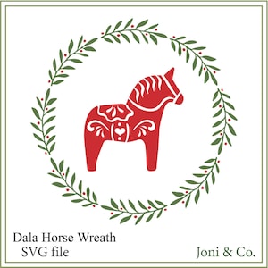 Ghirlanda di cavalli Dala, Natale scandinavo con cavalli Dala, stampabile, SVG, festività, ghirlanda, cavallo, trapunta da fienile, biglietto di Natale, svedese, nordico