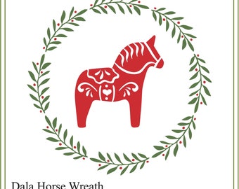 Dala Horse Wreath, Scandinavian Dala Horse Christmas, printable, SVG, Holiday, wreath, horse, barn quilt, Christmas card, Swedish, Nordic