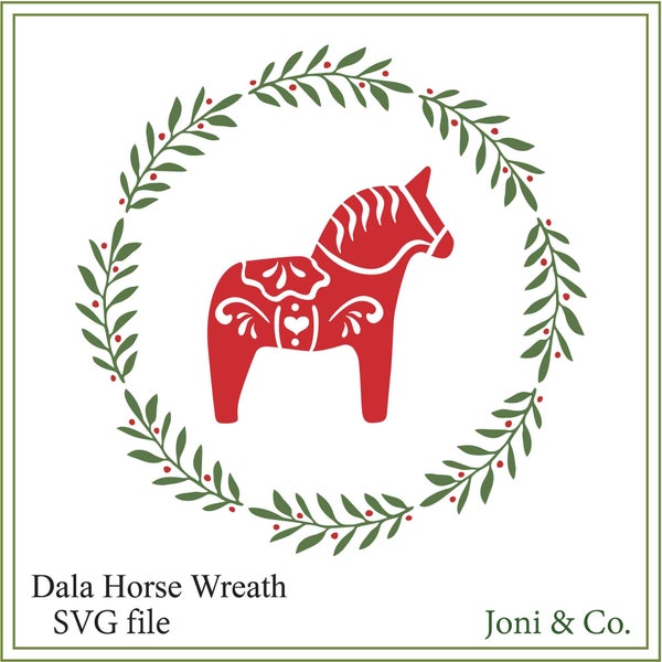 Dala Horse Wreath, Scandinavian Dala Horse Christmas, printable, SVG, Holiday, wreath, horse, barn quilt, Christmas card, Swedish, Nordic