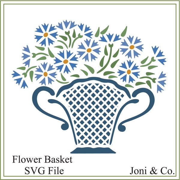 Flower basket, svg, blue flowers, cornflowers, printable, cards, garden, gardening, wedding, birthday, shower, gift, iron on, paper craft