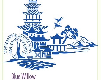 Blue Willow SVG, diseño de bloque de vidrio asiático, archivo SVG, corte de vinilo, imprimible, transferencia de plancha para tela, manualidades, tarjetas SVG, jardín