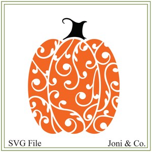 May include: An orange pumpkin with a black stem and a white, swirling, floral design.  SVG File. Joni & Co.