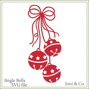 May include: Red jingle bells with white stars hanging from a red ribbon bow. The text "Jingle Bells SVG file" and "Joni & Co." are at the bottom of the image.