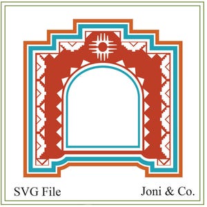 May include: A digital file for an SVG design featuring a red, orange, and blue geometric archway with a white sunburst design in the centre. The text "SVG File" appears below the archway and the text "Joni & Co." appears below the text "SVG File".
