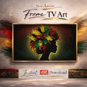 May include: A framed digital art piece featuring a black silhouette of a woman's profile with a colorful crown of red, yellow, and green paint splatters. The art is labeled "Frame TV Art" and is available as an "Instant 4K Download."