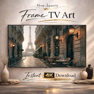 May include: A digital artwork displayed on a TV screen, featuring a Parisian street scene with the Eiffel Tower in the background. The artwork is framed and includes the text "Frame TV Art" and "Instant 4K Download".
