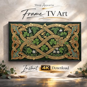 May include: A digital frame TV art piece with a Celtic knot design. The artwork features gold, green, and blue accents, with shamrocks and floral elements. The text "Shop Aquaria" and "Frame TV Art" are displayed at the top. The words "Instant 4K Download" are at the bottom.