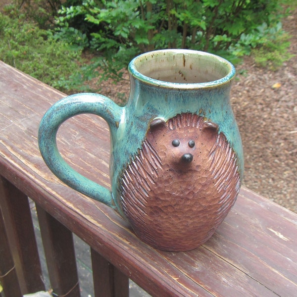 Ceramic Hedghog Mug, Lidded Cup, Lid, Tea, Coffee, Drinks, Hand Thrown Pottery, Turquoise & Vert Lustre Glaze