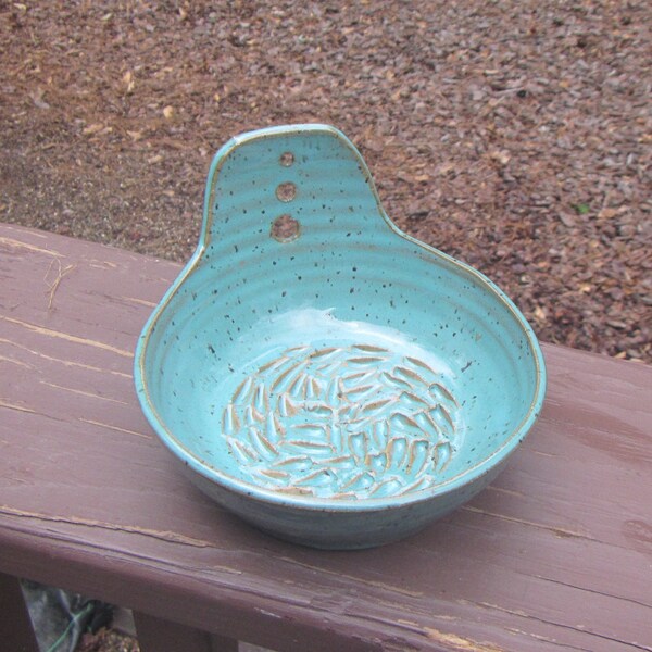 Ceramic Combined Herb Stripper and Garlic Grater, Herb Trimmer And Bowl, Hand Thrown Pottery, Turquoise Glaze