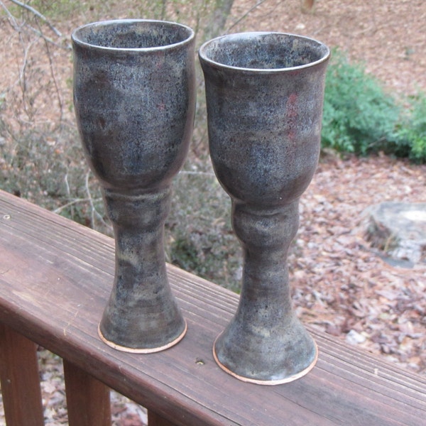 Set of 2 Tall Ceramic Goblets, Wine Chalice Cups, Handmade Wheel Thrown Pottery, Stoneware Drinking Vessels, Ironstone Glaze