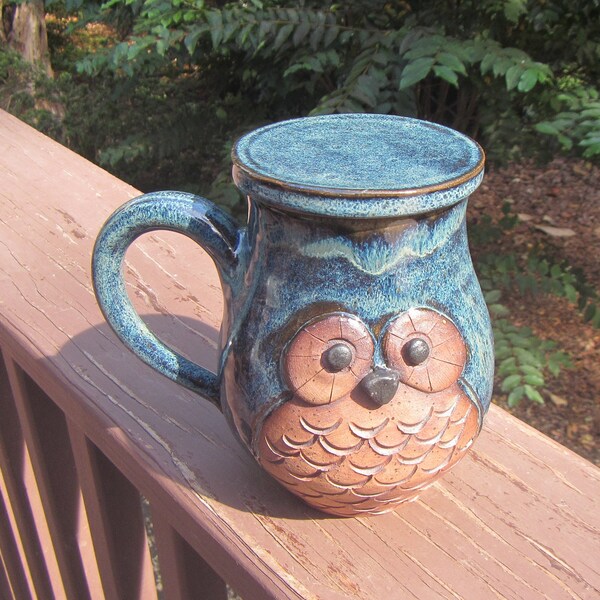 Ceramic Owl Mug, Lidded Cup, Lid, Tea, Coffee, Drinks, Hand Thrown Pottery, Midnight Blue & Vert Lustre Glaze