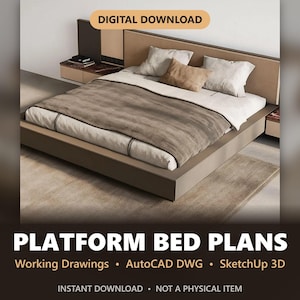 Platform Bed Frame Plans, King Bed with Headboard and Nightstands, DIY Woodworking Plan PDF, Working Drawings, SketchUp & AutoCAD DWG