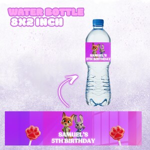 May include: A clear water bottle with a blue cap and a purple label featuring cartoon characters and the text "SAMUEL'S 5TH BIRTHDAY." The label reads "WATER BOTTLE 8x2 INCH." A matching banner with lollipops and characters is below.