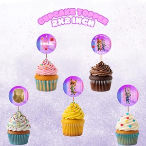 May include: Cupcakes with character toppers featuring Zootopia characters. Each cupcake has colorful frosting and a themed topper. The toppers are 2x2 inches and include the text "Happy Birthday" and a name. The cupcakes are on a purple background.