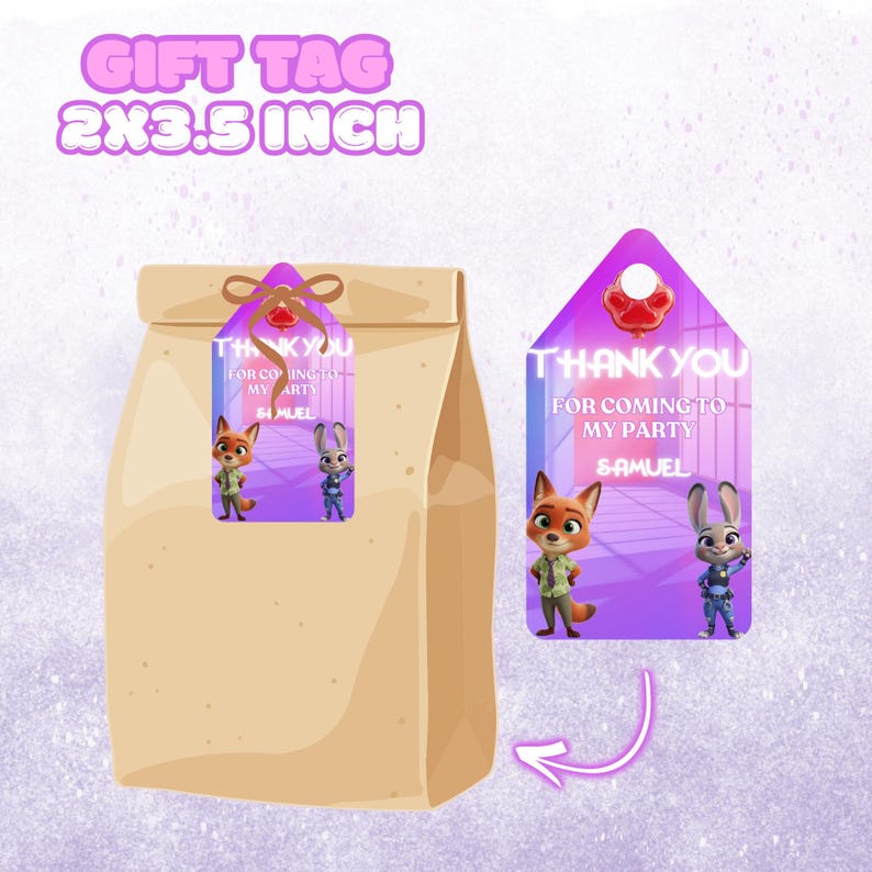 May include: Gift tags with a purple and white design, featuring cartoon characters and the text "THANK YOU FOR COMING TO MY PARTY". The tags are 2 x 3.5 inches and are attached to a brown paper bag.