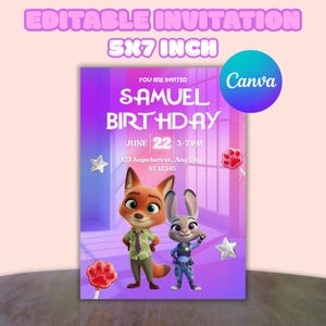 May include: A 5x7 inch editable birthday invitation with the text "SAMUEL BIRTHDAY" and event details. The design features cartoon characters, lollipops, and stars on a purple and pink background. The Canva logo is visible.