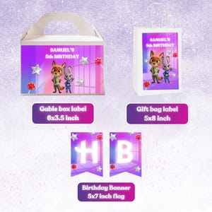 May include: A set of birthday party supplies featuring characters from a popular animated film. Includes a gable box label (6x3.5 inches), a gift bag label (5x8 inches), and a banner with the letters "HB" (5x7 inches). The text "SAMUEL'S 5th BIRTHDAY" is displayed.