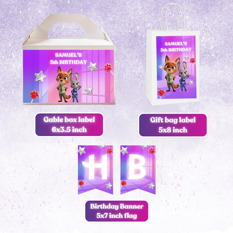 May include: A set of birthday party supplies featuring characters from a popular animated film. Includes a gable box label (6x3.5 inches), a gift bag label (5x8 inches), and a banner with the letters "HB" (5x7 inches). The text "SAMUEL'S 5th BIRTHDAY" is displayed.