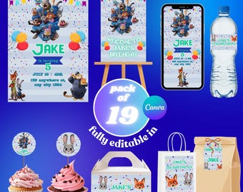 編集可能なズートピア2 バースデーパーティーパック | Canvaテンプレート | ズートピア2 パーティーデコレーション デジタル招待状 バースデー印刷キット