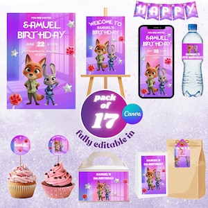 Puede incluir: Un conjunto de artículos para fiestas con personajes de Zootopia, que incluyen invitaciones, una pancarta, etiquetas para botellas de agua, adornos para cupcakes y cajas de recuerdos. El tema es una celebración de cumpleaños con el texto "Samuel's Birthday".