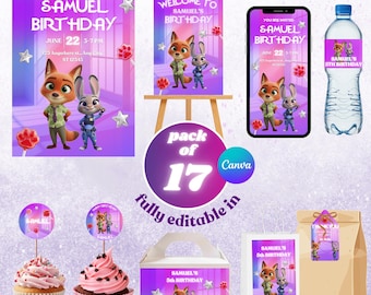 ZOOTOPIA Party Birthday Pack | 17 Editable Canva Templates | Zootopia Party Decorations | Printable Birthday Kit | Bunny & Fox Zootopia