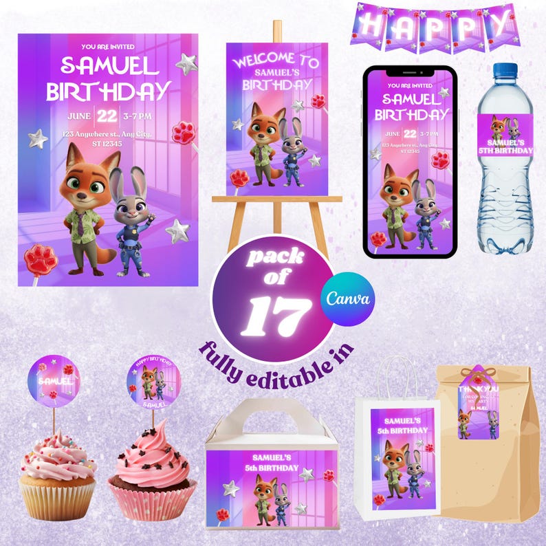 May include: A collection of party supplies featuring characters from Zootopia, including invitations, a banner, water bottle labels, cupcake toppers, and favor boxes. The theme is a birthday celebration with the text "Samuel's Birthday".