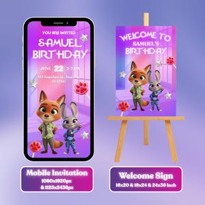 May include: A mobile invitation and welcome sign for Samuel's birthday, featuring cartoon characters. The mobile invitation is displayed on a phone screen, and the welcome sign is on a wooden easel. The sign dimensions are 16x20, 18x24, and 24x36 inches.