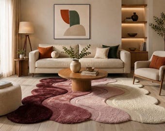 Könnte beinhalten: Ein modernes Wohnzimmer mit cremefarbenem Sofa, Kissen und einem runden Holztisch. Ein auffälliger, wellenförmiger Teppich in Burgunder-, Rosa- und Cremetönen dominiert. Eine Stehlampe und Kunstwerke ergänzen das gemütliche Ambiente.