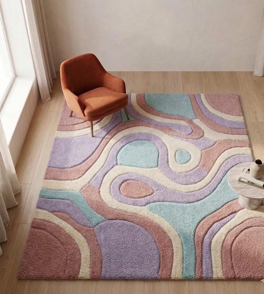 Pastel Abstract Hand Tufted Wool Rug: Handmade Scandinavian Carpet ...