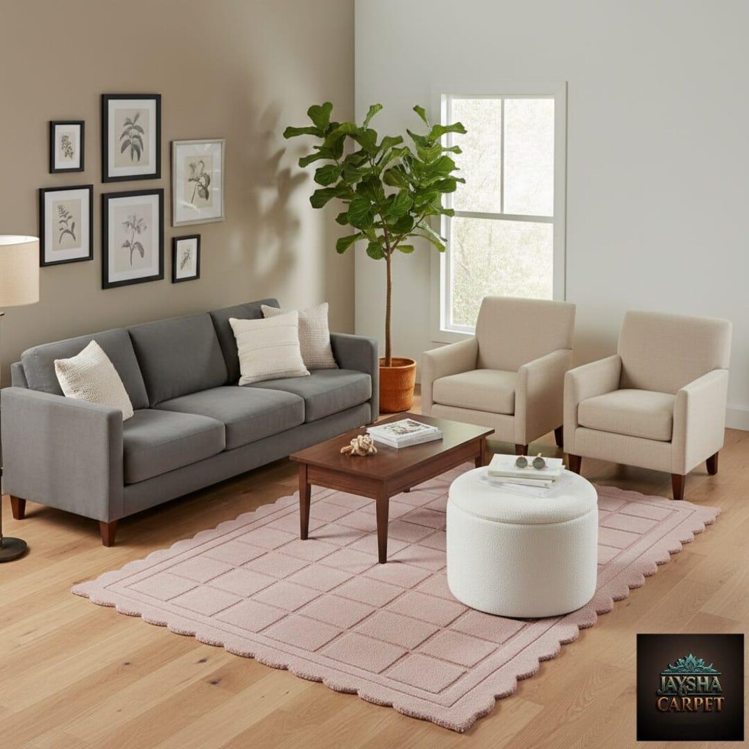 Handmade Pink Wool Rug 3x6ft | Textured Grid Pattern Carpet | Soft ...