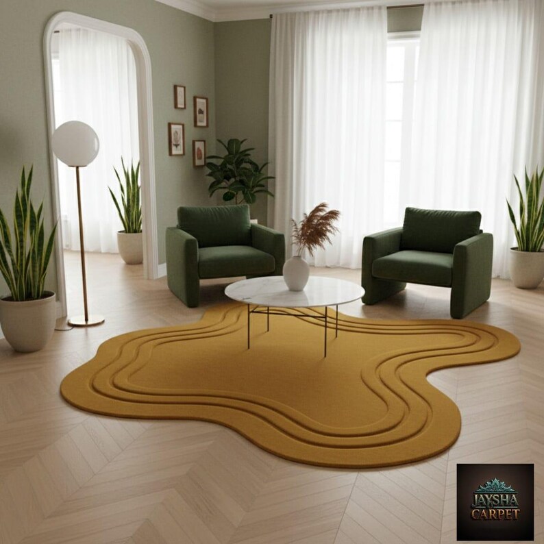 Hand-tufted Mustard Yellow Organic Shape Wool Rug | Irregular Unique ...