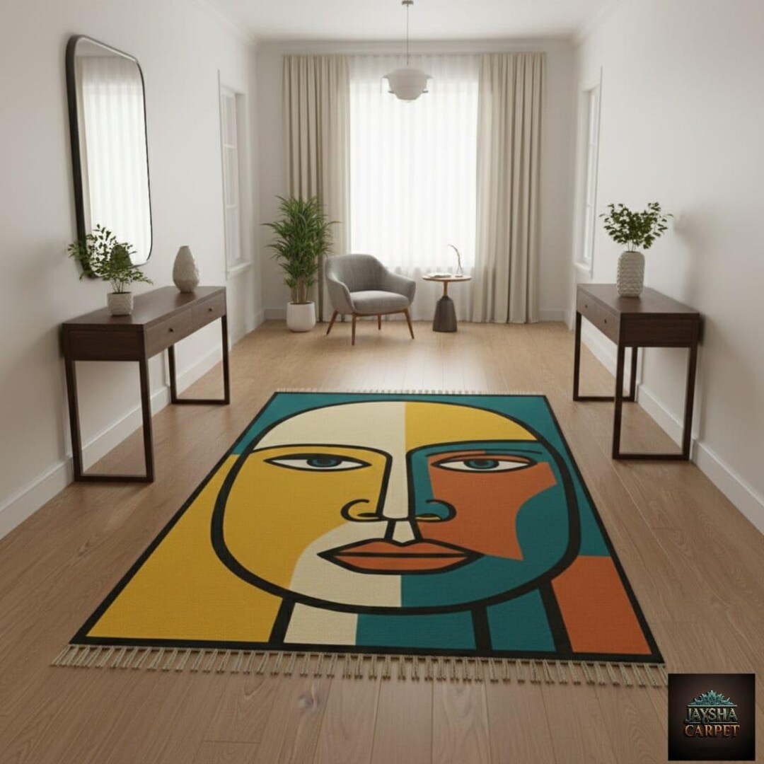Colorful Face Rug Handmade Colorful Girl Face Design Wool Rug 7x11feet, Hallway Runner ...