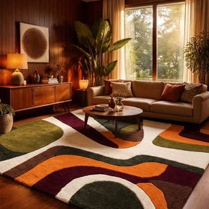 May include: A living room scene featuring a patterned rug with an abstract design in green, orange, burgundy, brown, and white. The room includes a brown sofa, wooden furniture, and large windows with sheer curtains.