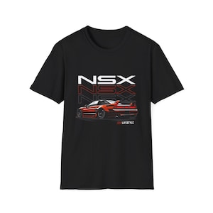 May include: Black t-shirt featuring a red sports car graphic with the text "NSX" in white and red. The car illustration is a rear view, showcasing its design. The text "JDM LIFESTYLE" is below the car.